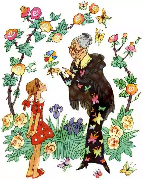 Старушка дарит девочке цветик-семицветик